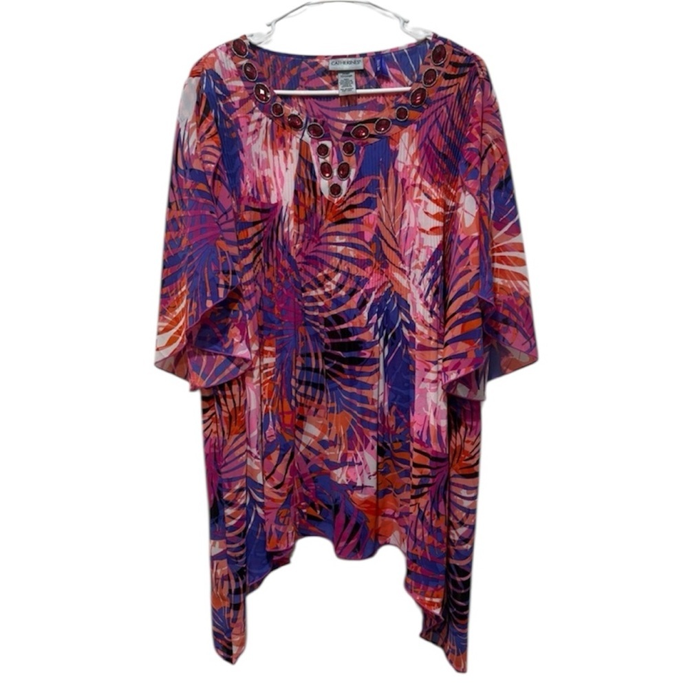 Catherines Crepe‎ Blouse Top Size 2X Petite Sheer Flutter Sleeve Tropical Beaded